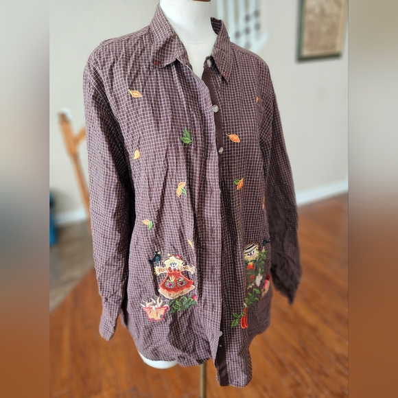 VTG Bobbie Brooks Scarecrow Embroidered Fall Button Up Shirt Size 22/24W - Picture 4 of 6